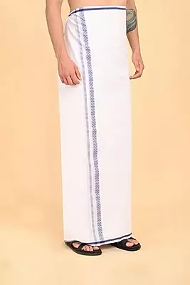 Men’s 100% Cotton Double-Layer White Veshti with Fancy Border-Sky Blue