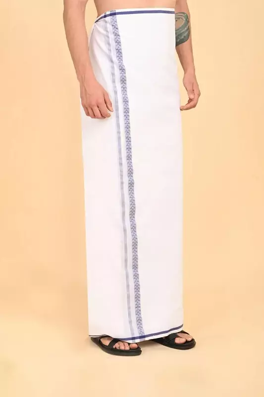 Men’s 100% Cotton Double-Layer White Veshti with Fancy Border-Sky Blue