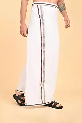 Men’s 100% Cotton Double-Layer White Veshti with Fancy Border-Brown