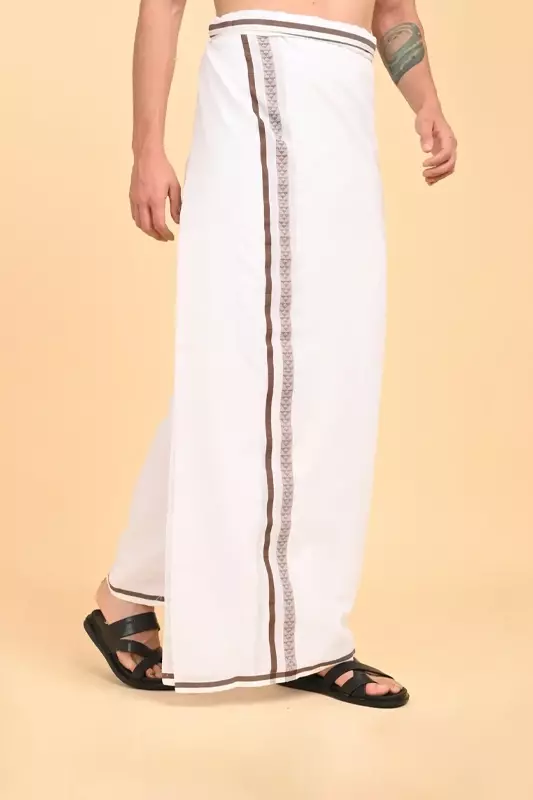 Men’s 100% Cotton Double-Layer White Veshti with Fancy Border-Brown