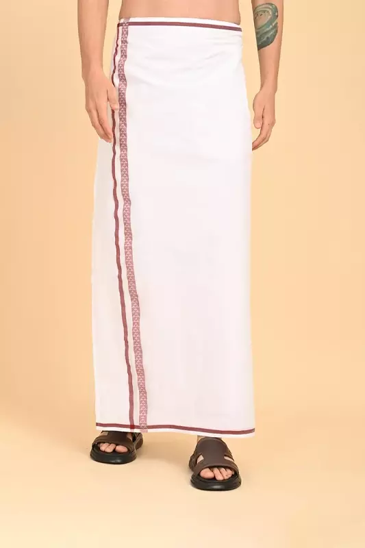 Men’s 100% Cotton Readymade Double-Layer White Veshti with Fancy Border-Pink/SS