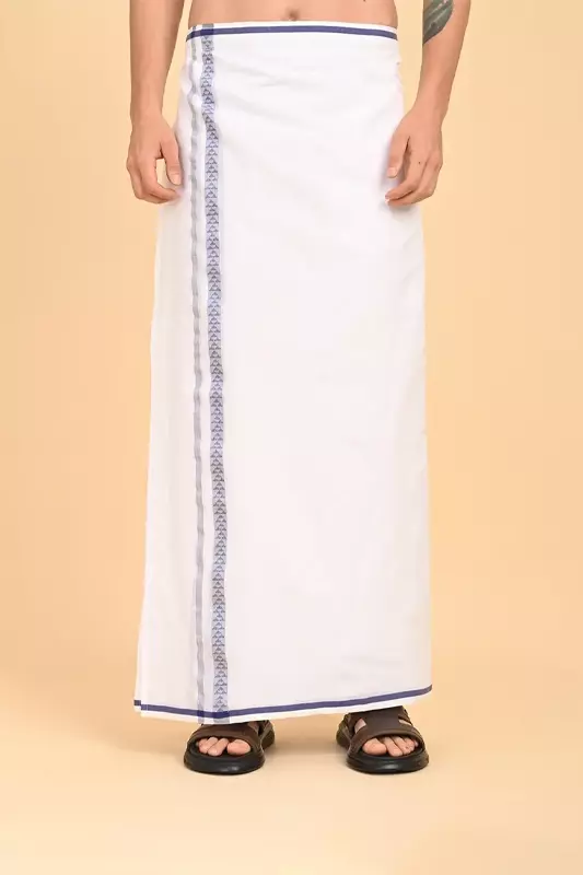 Men’s 100% Cotton Readymade Double-Layer White Veshti with Fancy Border-Sky Blue