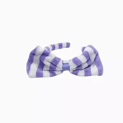 Lavender Striped Plush Bow Headband - Soft Spa Hair Band