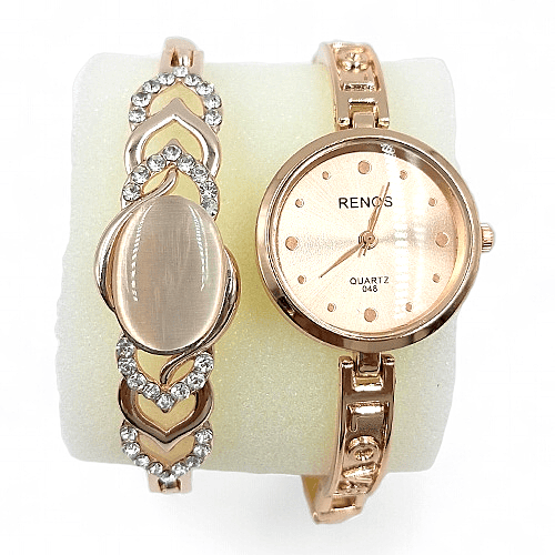 RENOS Rose Gold Watch and Crystal Heart Bangle Gift Set