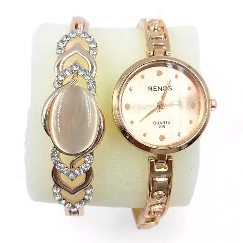 RENOS Rose Gold Watch and Crystal Heart Bangle Gift Set