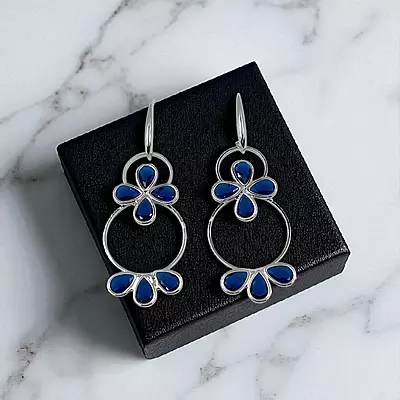 Navy Blue Floral Hoop Earrings - Silver-Toned Statement Dangle Earrings