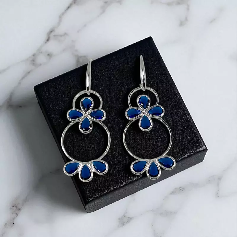 Navy Blue Floral Hoop Earrings - Silver-Toned Statement Dangle Earrings