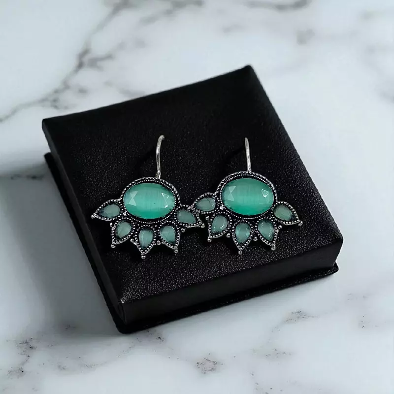 Elegant Silver Plated Drop Earrings with Teal & Turquoise Stones