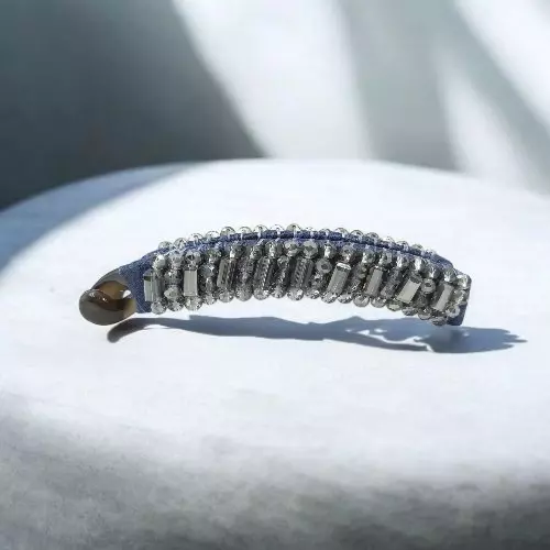 Elegant Grey Beaded Flexible Banana Hair Clip - Stylish Ponytail Holder