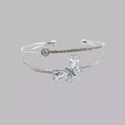 Elegant White Dragonfly Gold-Plated Double Cuff Bracelet with Zircon Stones