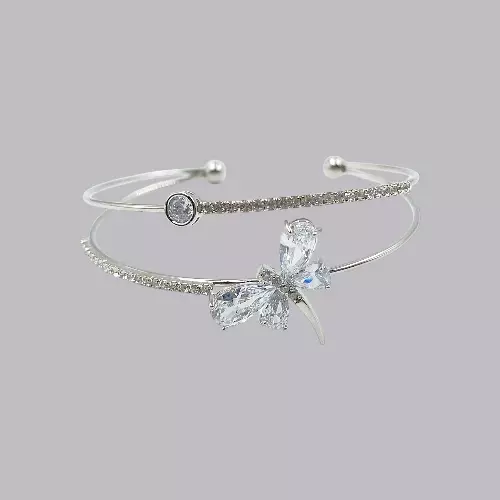 Elegant White Dragonfly Gold-Plated Double Cuff Bracelet with Zircon Stones