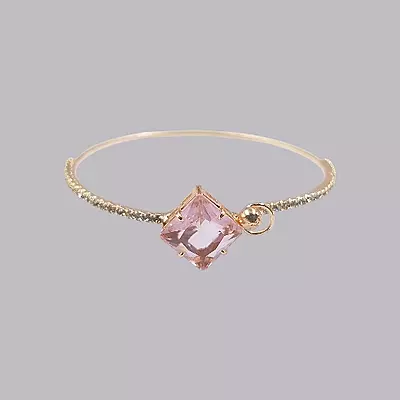Pink Square Stone & Diamond Studded Gold-Toned Bangle Bracelet | Adjustable Fashion Jewelry