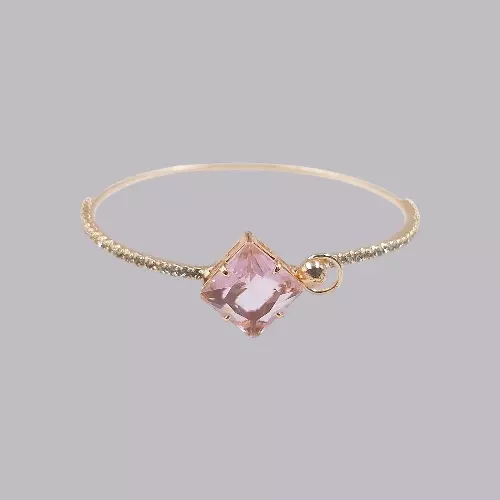 Pink Square Stone & Diamond Studded Gold-Toned Bangle Bracelet | Adjustable Fashion Jewelry