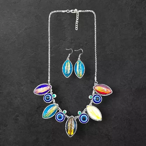 Protective Evil Eye Pendant Multicolor Necklace - Dichroic Glass Good Luck Charm
