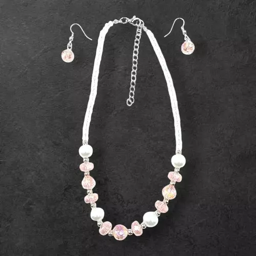 Pink Bead & Pearl Necklace and Earring Set | Elegant Fashion Jewelry