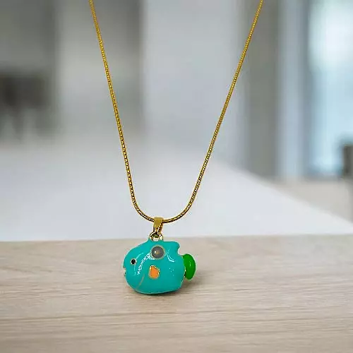 Anti-Tarnish Gold Snake Chain with Green Enamel Puffer Fish Pendant