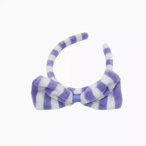 Lavender Striped Plush Bow Headband - Soft Spa Hair Band