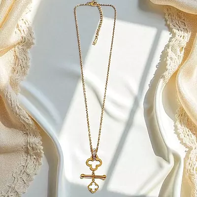 Elegant Rose Gold-Plated Clover & T-Bar Necklace