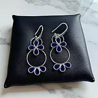 Navy Blue Floral Hoop Earrings - Silver-Toned Statement Dangle Earrings