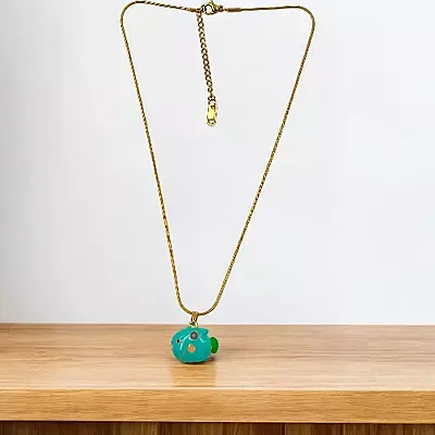 Anti-Tarnish Gold Snake Chain with Green Enamel Puffer Fish Pendant