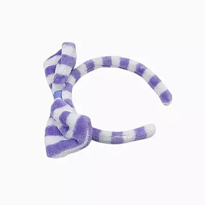 Lavender Striped Plush Bow Headband - Soft Spa Hair Band