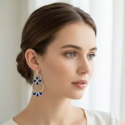 Navy Blue Floral Hoop Earrings - Silver-Toned Statement Dangle Earrings