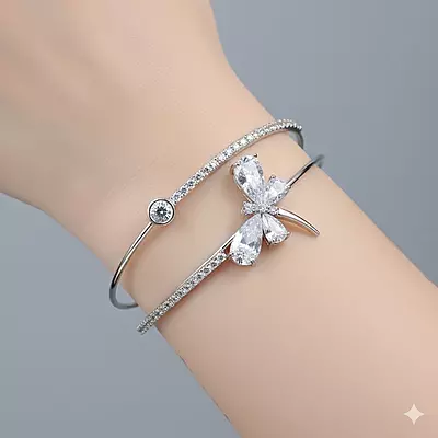 Elegant White Dragonfly Gold-Plated Double Cuff Bracelet with Zircon Stones