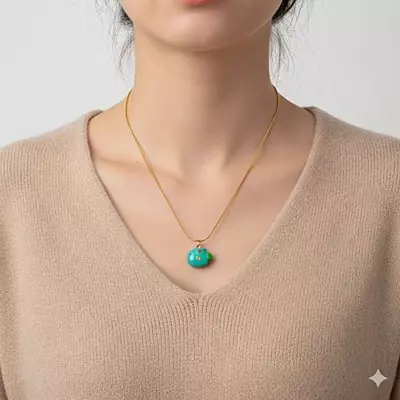 Anti-Tarnish Gold Snake Chain with Green Enamel Puffer Fish Pendant