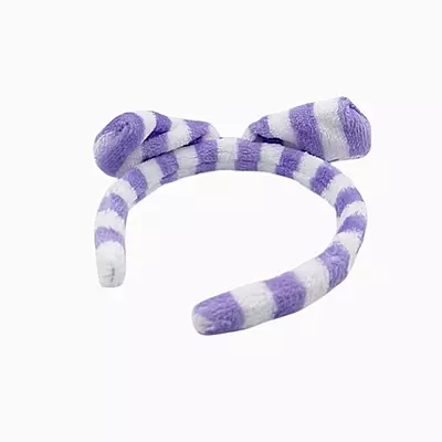 Lavender Striped Plush Bow Headband - Soft Spa Hair Band