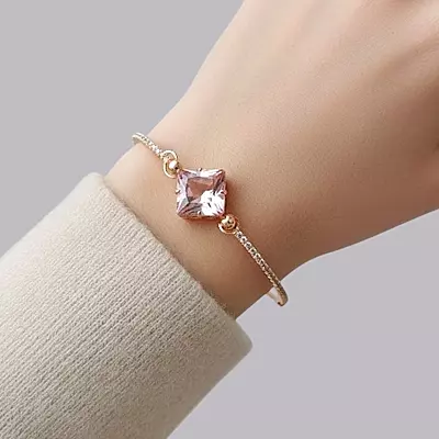 Pink Square Stone & Diamond Studded Gold-Toned Bangle Bracelet | Adjustable Fashion Jewelry