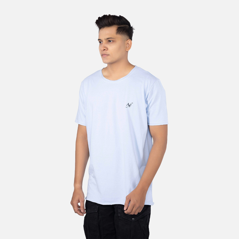 Men Kentucky Blue Solid Raw Edge Crew Neck T-shirt