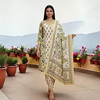 Cotton Salwar Suit Set, Floral Print, Yellow and Green, V-Neck Kurta with Dupatta