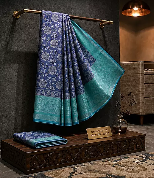 Aqua blue silk saree with sky blue zari pallu and floral zari border