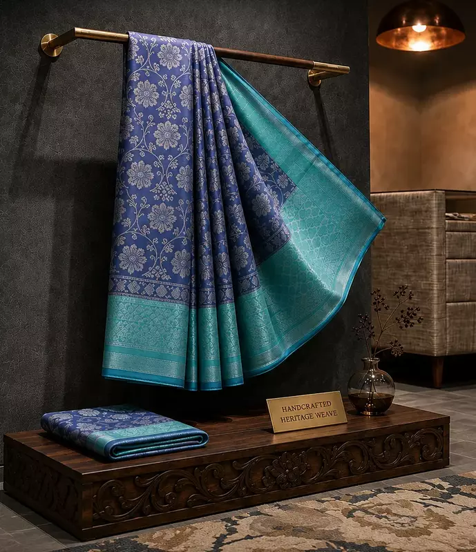 Aqua blue silk saree with sky blue zari pallu and floral zari border