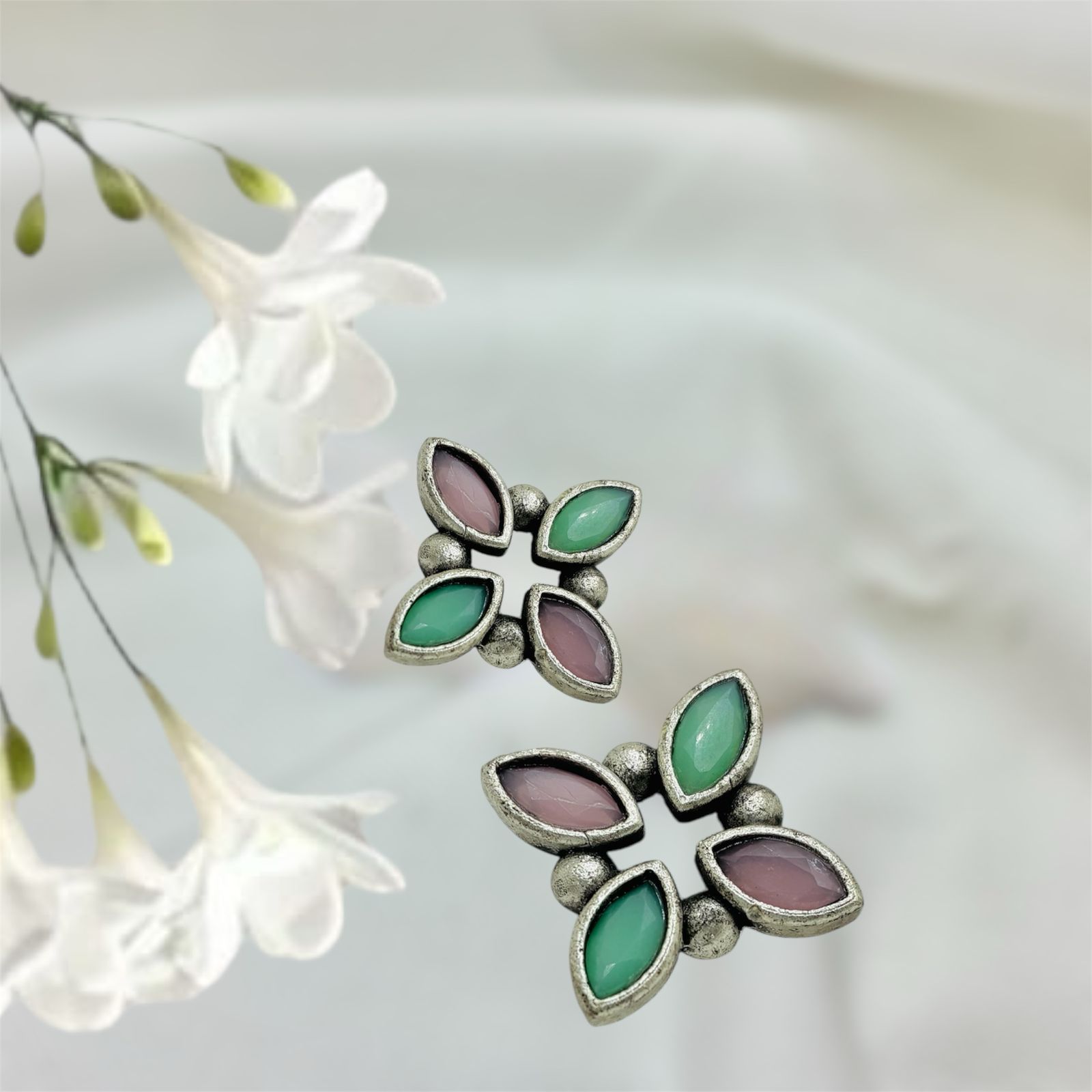 Silver plated Brass Earrings (Cyan/Baby Pink) #5