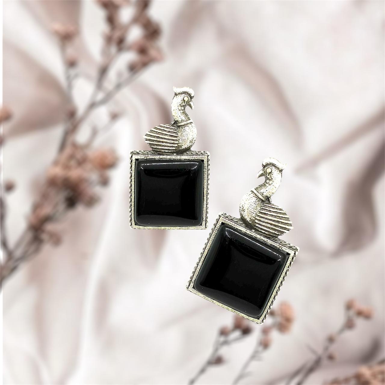Silver plated Brass Earrings (Black) #14