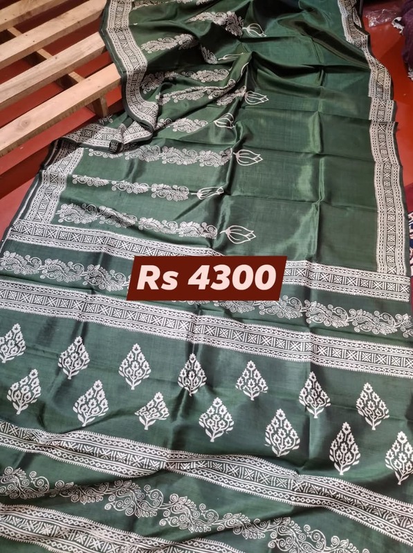 Bottle Green Hand Block Print Pure Katan Silk