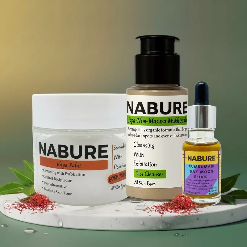NABURE Herbal Glow Combo – Face Cleanser, Body Ubtan & Kumkumadi Elixir