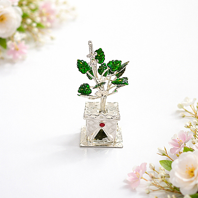 Sterling Silver Tulsi Plant with Gift Box | Silver Tulsi Kyara Showpiece for Housewarming