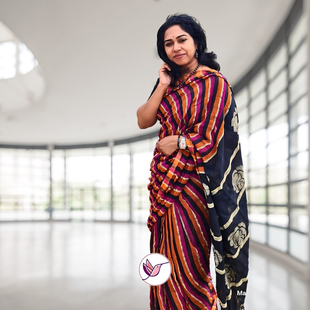 Magenta & Black Striped Pure Organic Handloom Linen Saree