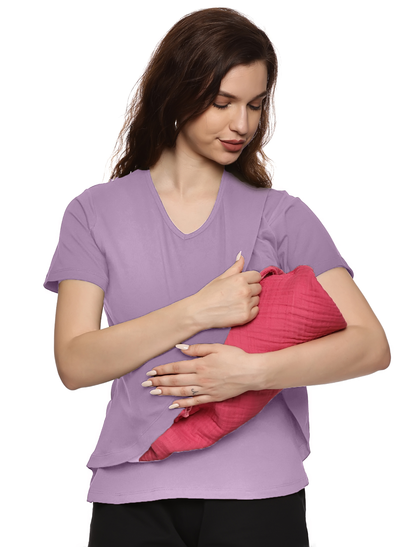 KIKWIT Maternity Feeding Tops Without Zip for Women, Feeding Coverup Pregnancy Tshirt,Feeding T-Shirt for Easy Nursing & Breastfeeding, Maternity Top Wear for Mothers lavender