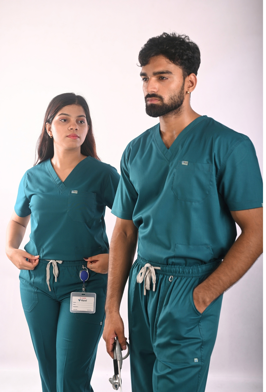 Ksvi Antibacterial Male V-Neck 2 Way Strech Scrub Shirt Pant (Emrald Green) 