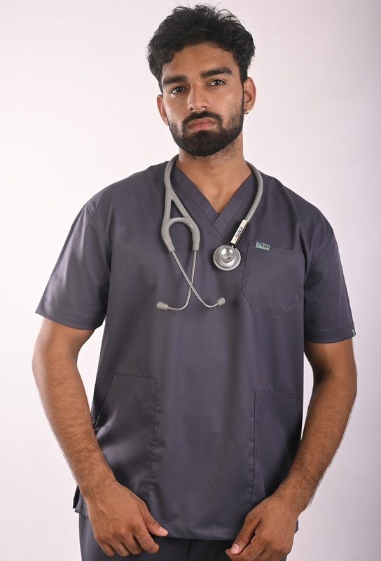 Ksvi Antibacterial Male V-Neck 2 Way Strech Scrub Shirt Pant (Grey)