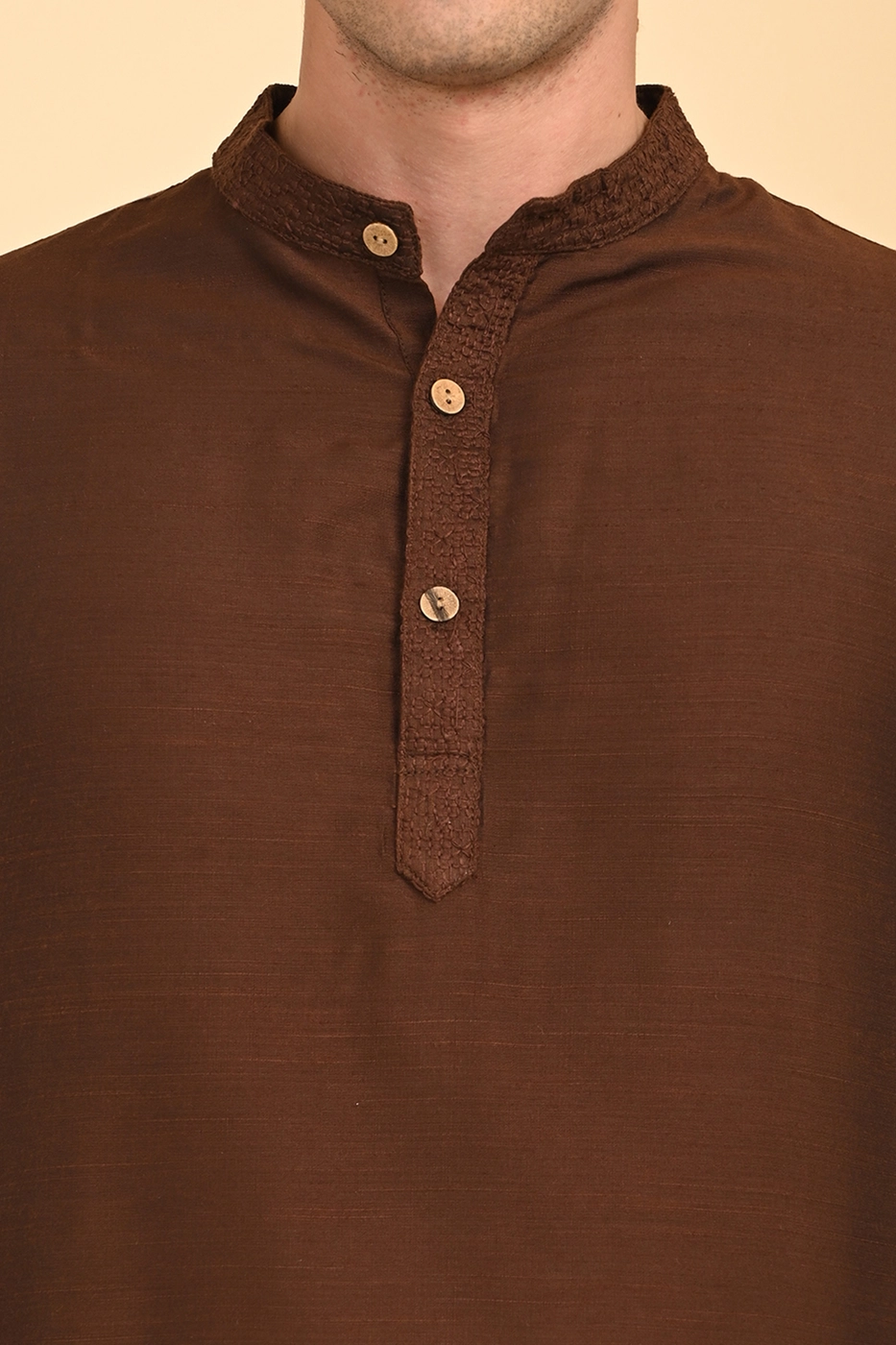 Men Ethnic Embroidered Long Kurta - Brown