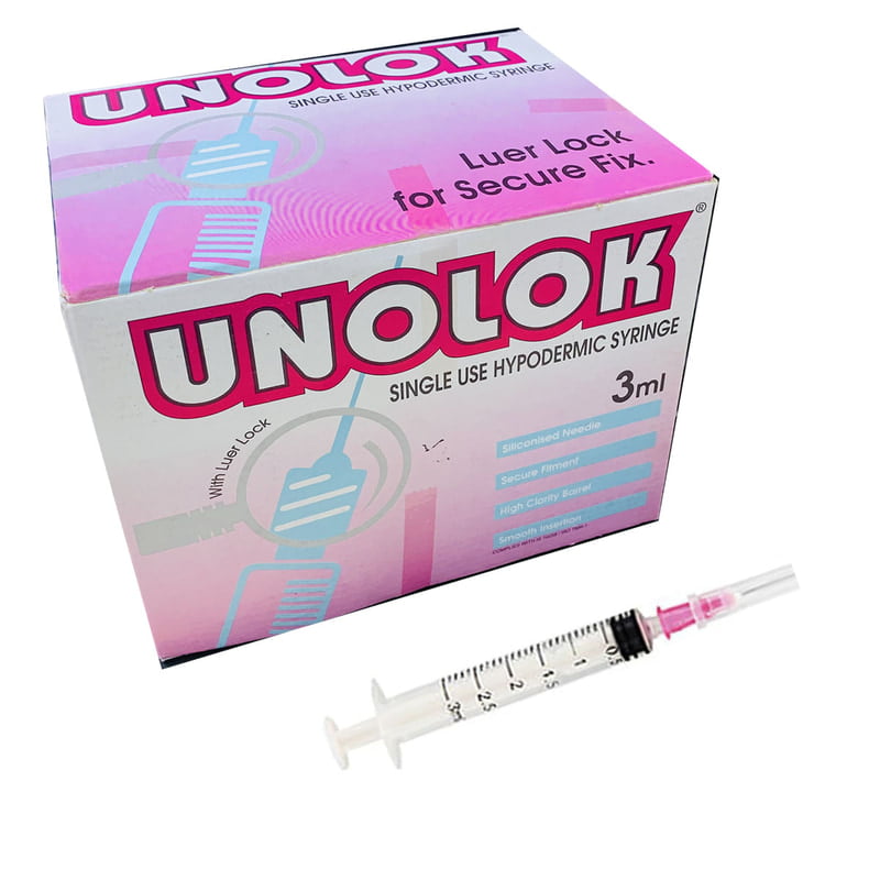 HMD Unolok Syringe 3ml 24G x 1 Inch Needle | Sterile Luer Lock Disposable Syringe | Box of 100