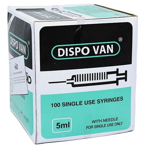 HMD Dispo Van Syringe 5ml 24G x 1 Inch Needle | Sterile Disposable Luer Slip Syringe | Box of 100