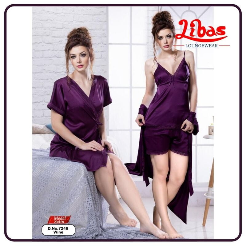 Plain Wine Modal Satin Fancy 3Pcs Baby Doll Night Dress From Libas Loungewear - FCN113 Plain Wine Modal Satin Fancy 3Pcs Baby Doll Night Dress From Libas Loungewear - FCN113