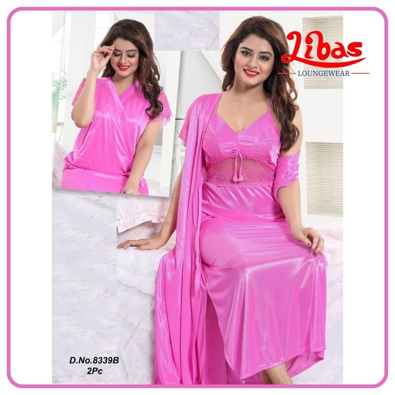 Plain Tea Rose Satin Two Piece Fancy Nighty From Libas Loungewear - FCN143 Plain Tea Rose Satin Two Piece Fancy Nighty From Libas Loungewear - FCN143