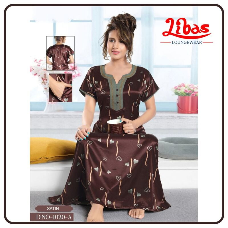 Tosca Brown Armani Satin Nighty With Tiny Heart Prints All Over From Libas Loungewear -ST068 Tosca Brown Armani Satin Nighty With Tiny Heart Prints All Over From Libas Loungewear -ST068