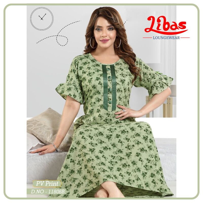 Pista Green P.V (Bizi Lizi) Nighty With Tiny Floral Design All Over From Libas Loungewear - PS520 Pista Green P.V (Bizi Lizi) Nighty With Tiny Floral Design All Over From Libas Loungewear - PS520